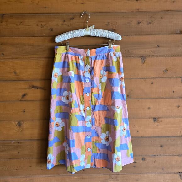 Roolee Retro Picnic Print Floral Button Front Midi Skirt Medium Boho Cottagecore - Picture 1 of 3